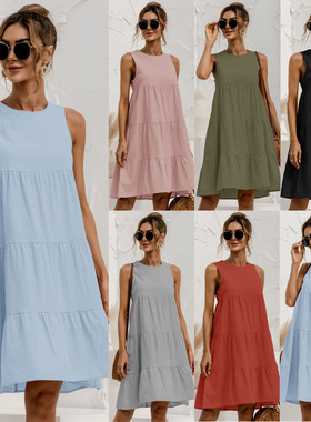 Sleeveless Solid Cotton Linen Dress无袖拼接宽松女连衣裙