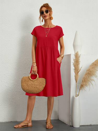 Cotton round neck women's A-line dress棉圆领女式A字裙连衣裙