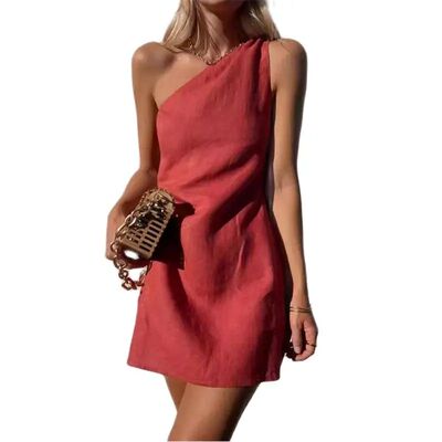 Women's solid color slanted shoulder dress女士纯色斜肩连衣裙