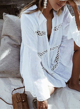Turn-Down Collar White Floral Loose Swimwear Chiffon Blouse