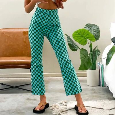 Ladies' plaid casual micro flared pants 中腰格子休闲微喇裤女
