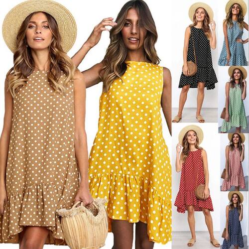 Round neck printed polka dot dress for women圆领波点连衣裙女