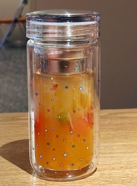 韩式彩色星星双层透明玻璃水杯带茶隔办公室茶杯女生ins风花茶杯