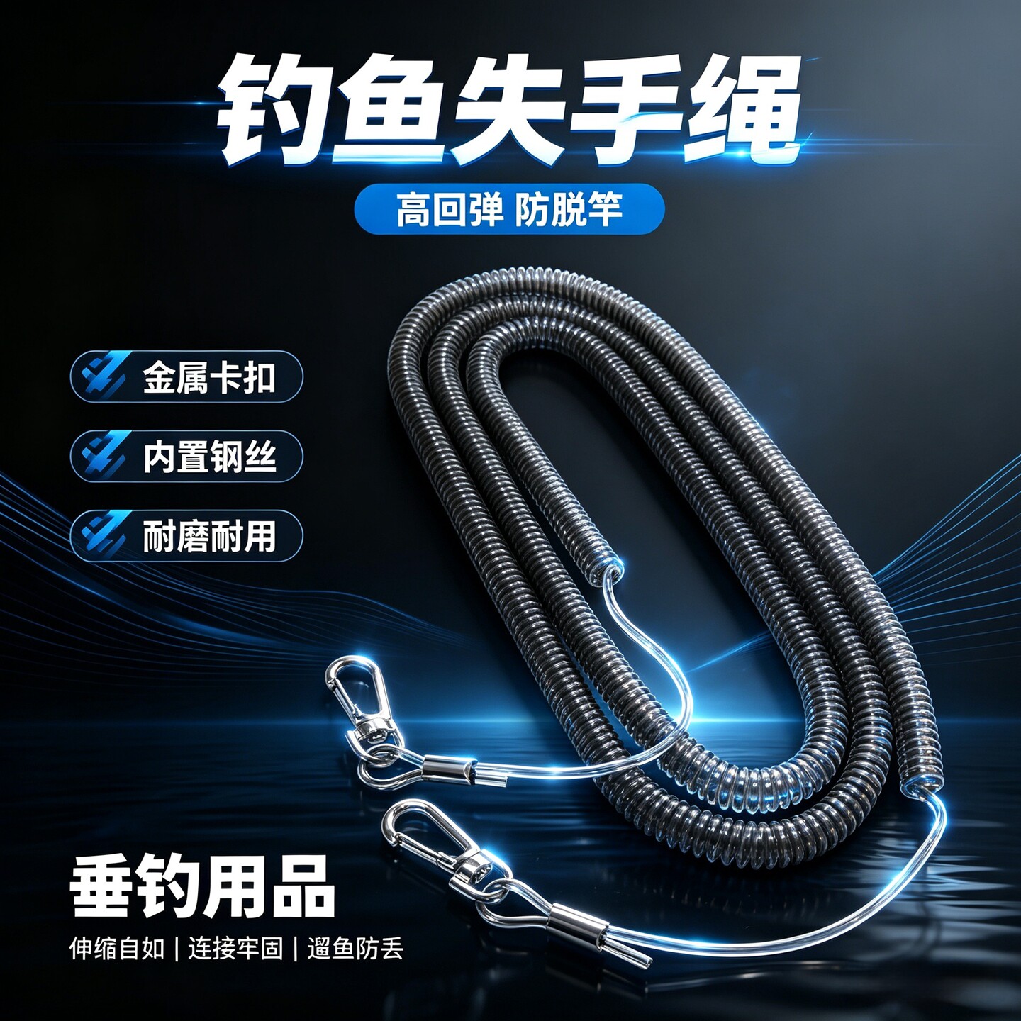 钓鱼专用钢丝失手绳自动伸缩防丢绳护杆绳大物专攻高弹力遛鱼绳子