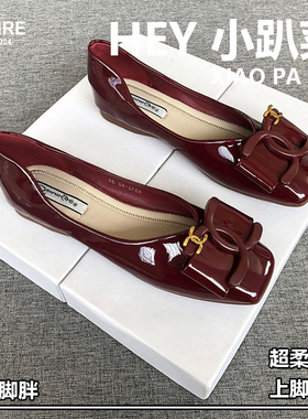 香港平底鞋单鞋女夏新款方头浅口软底豆豆鞋红色漆皮女款软皮瓢鞋