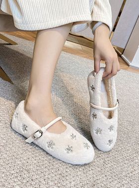 甜美系雪花元素玛丽珍鞋2025年冬新款白色毛绒保暖气质超软女鞋