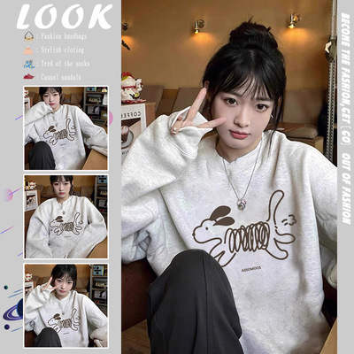 美式复古慵懒风chic圆领卫衣女2025新款爆款宽松休闲加绒长袖上衣