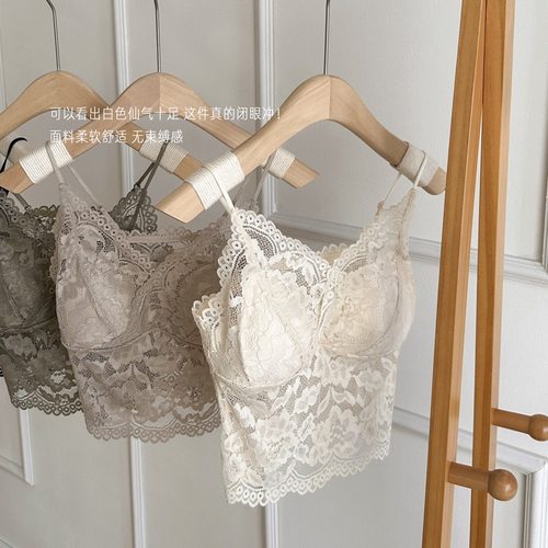 蕾丝法式小吊带固定杯细肩带内衣外穿内搭及腰美背文胸罩夏季舒适