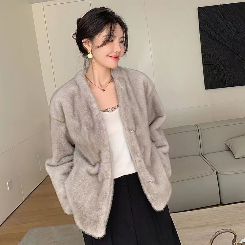 2023秋冬新款海宁仿水貂皮草外套保暖气质短款毛毛金貂绒大衣女潮