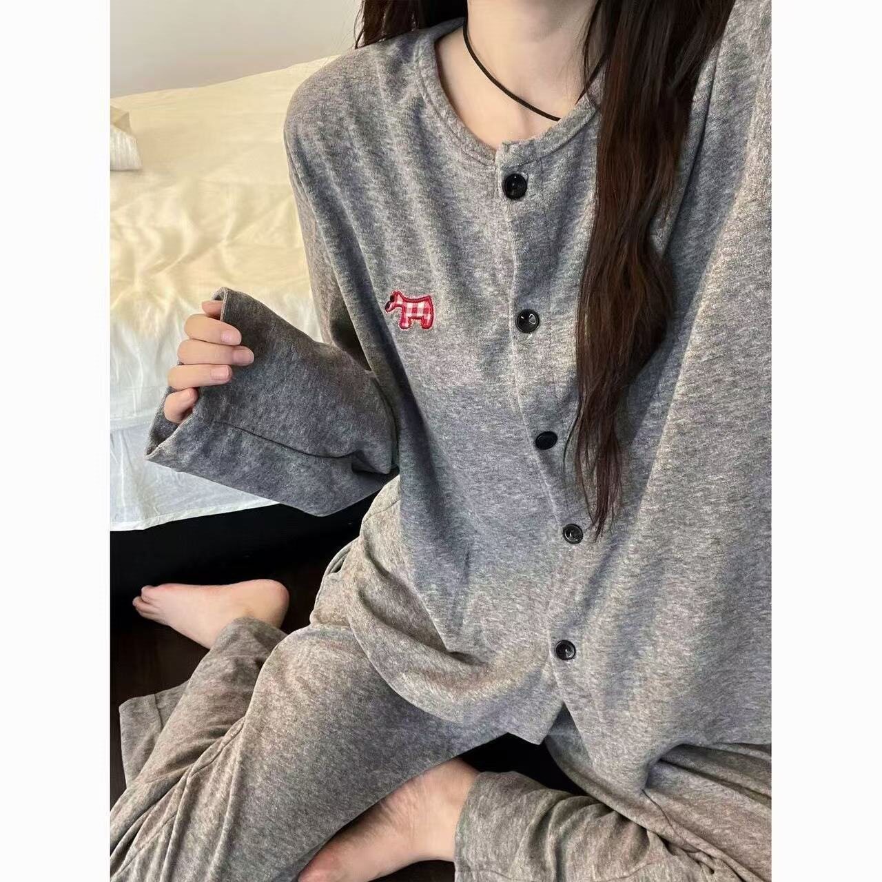 德绒睡衣女春秋季新款甜美小狗慵懒家居服套装可外穿大码长袖长裤