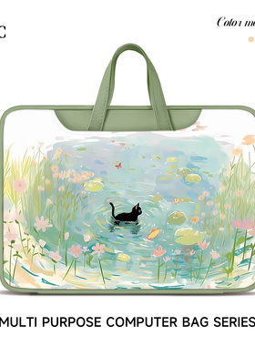 绿色小猫清新笔记本电脑包手提包女士高颜值16英寸macbook电脑包学生学习联想小新14电脑携带包通勤防摔防水