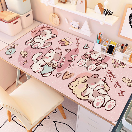 防水皮革少女心猫咪免洗书桌垫子