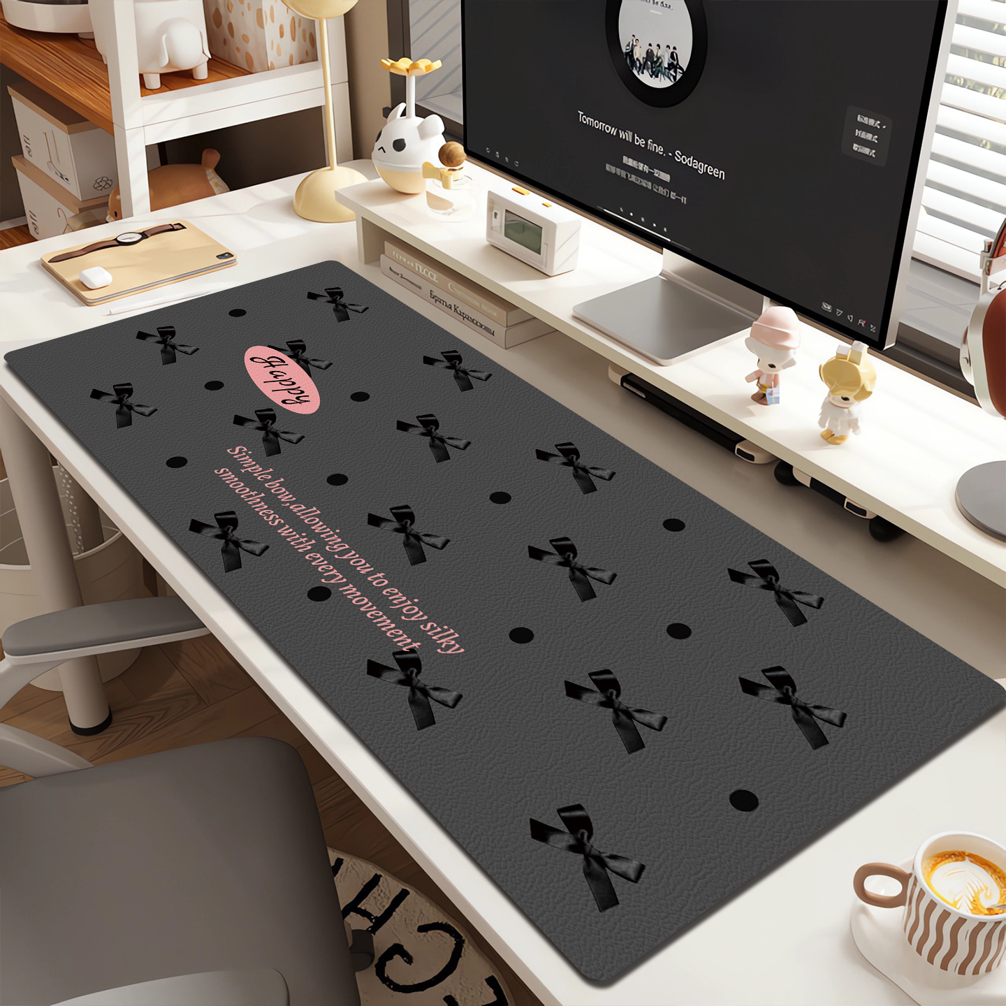 简约高级感蝴蝶结防水皮革鼠标垫