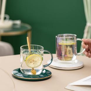 高颜值创意网红耐热办公室花茶杯 彩色轻奢玻璃杯家用带把杯碟套装