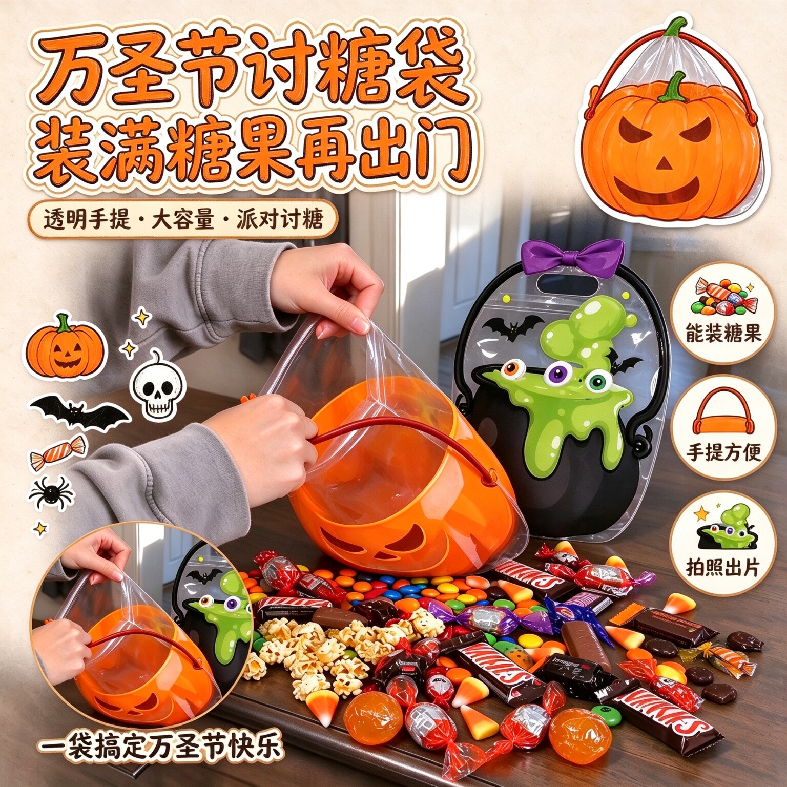 万圣节糖果袋南瓜造型讨糖袋儿童幼儿园糖果饼干包装礼品袋手提袋