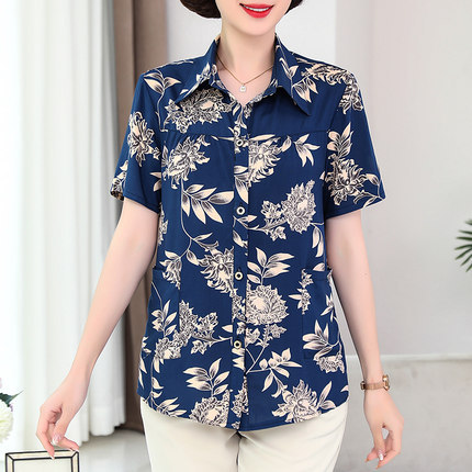 中老年棉绸短袖衬衫女加肥加大妈妈夏装新款大码人造棉宽松花衬衣