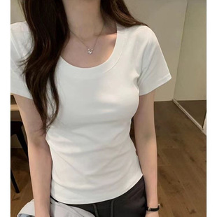 显瘦正肩纯棉内搭打底上衣 白色短袖 T恤女夏季 新款 简约百搭U领修身
