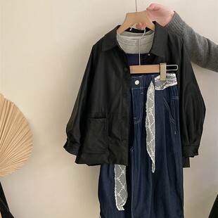 套装 韩版 时髦百搭皮衣2025蕾丝飘带花边阔腿牛仔裤 新款 潮 女童春季