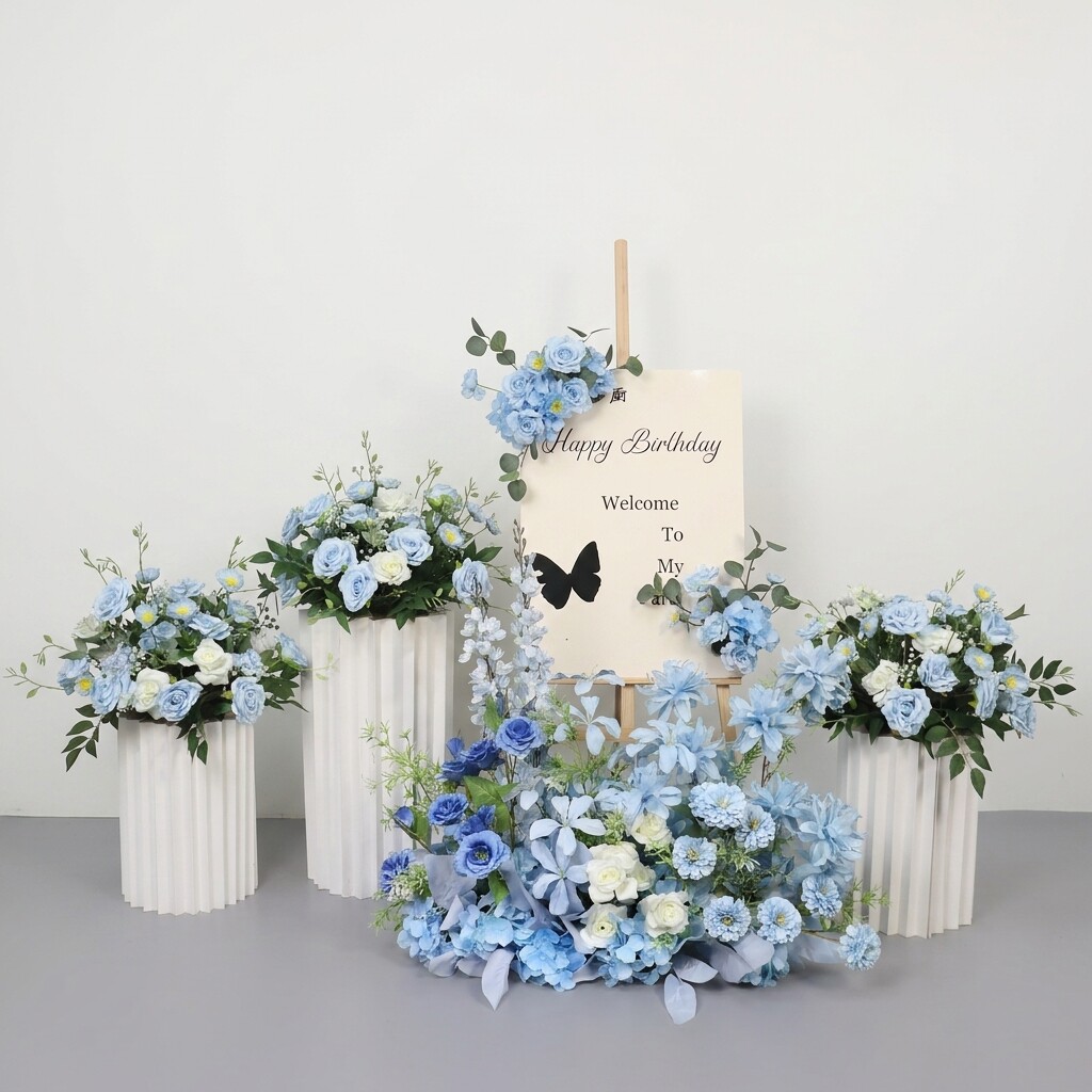 婚庆迎宾签到区打卡装饰仿真花4S店交车仪式罗马柱迎宾牌布置假花