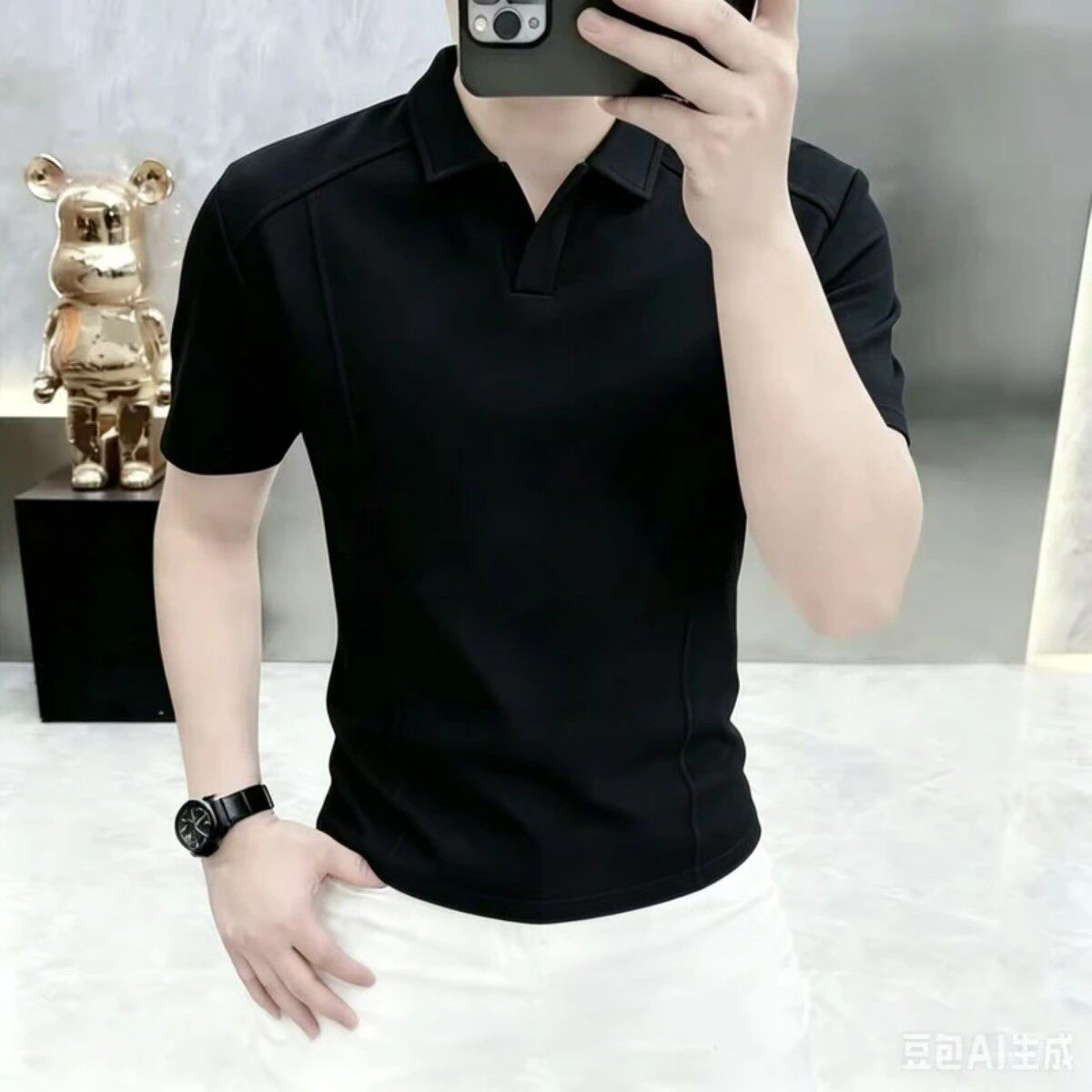 精选轻奢高端男专柜品质拼接解构翻领Polo短袖上衣痞帅休闲高级感