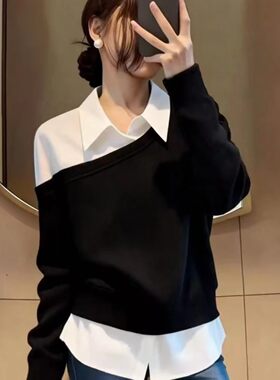 爱尚假两件衬衫拼接长袖卫衣女