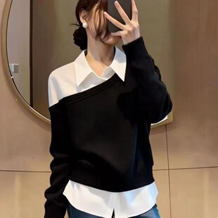爱尚假两件衬衫拼接长袖卫衣女款秋冬大码胖mm显瘦polo领打底上衣