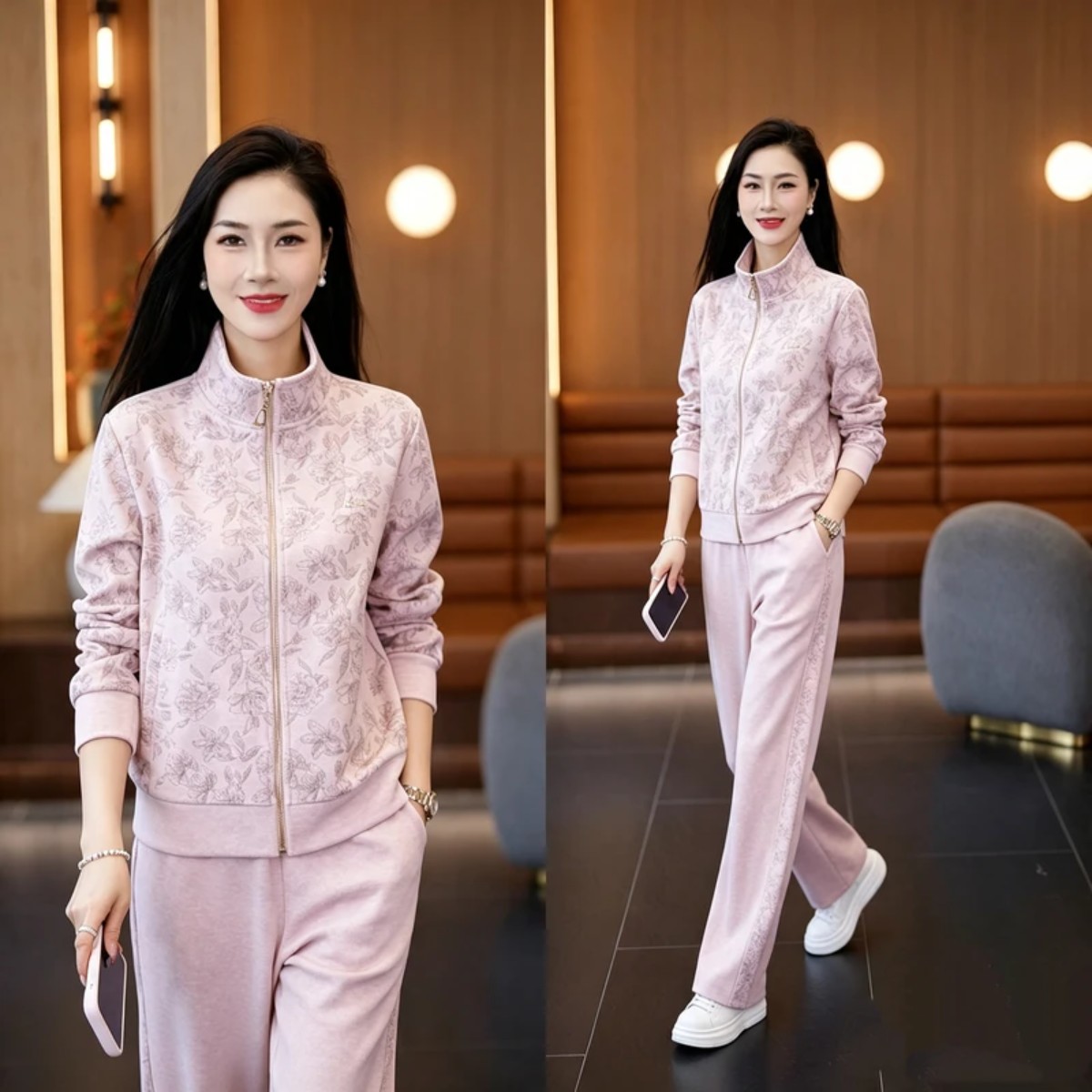 金金秋高级感提花休闲套装女立领