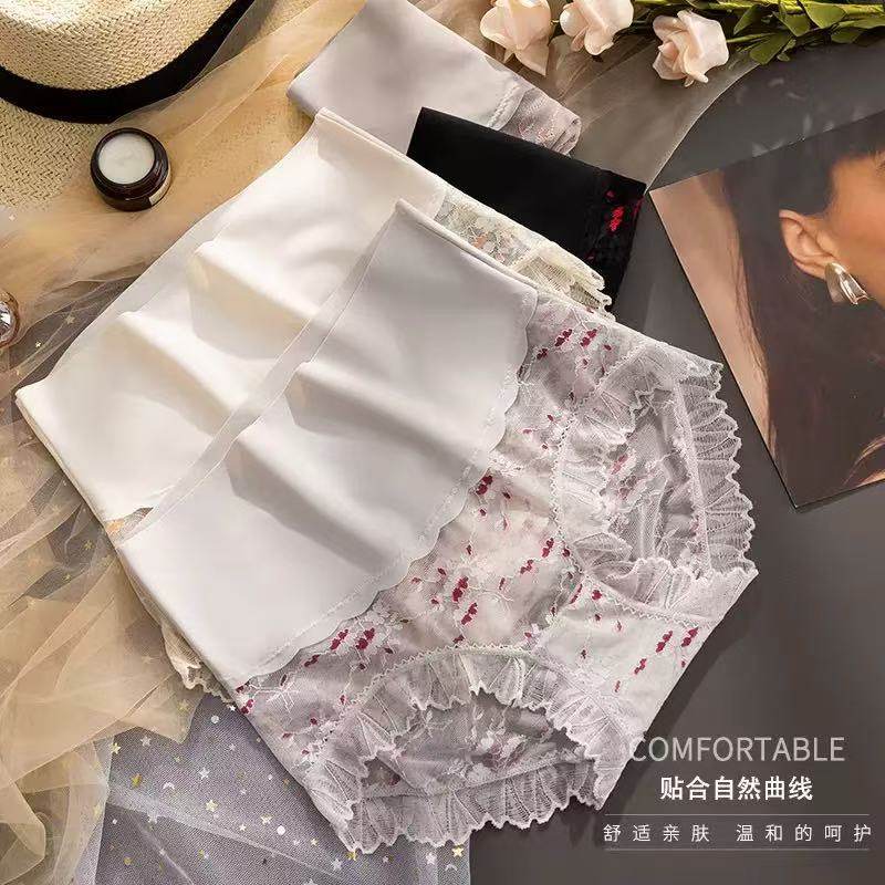 女士刺绣高腰收腹内裤透气蕾丝棉裆薄款冰丝无痕少女士三角裤头