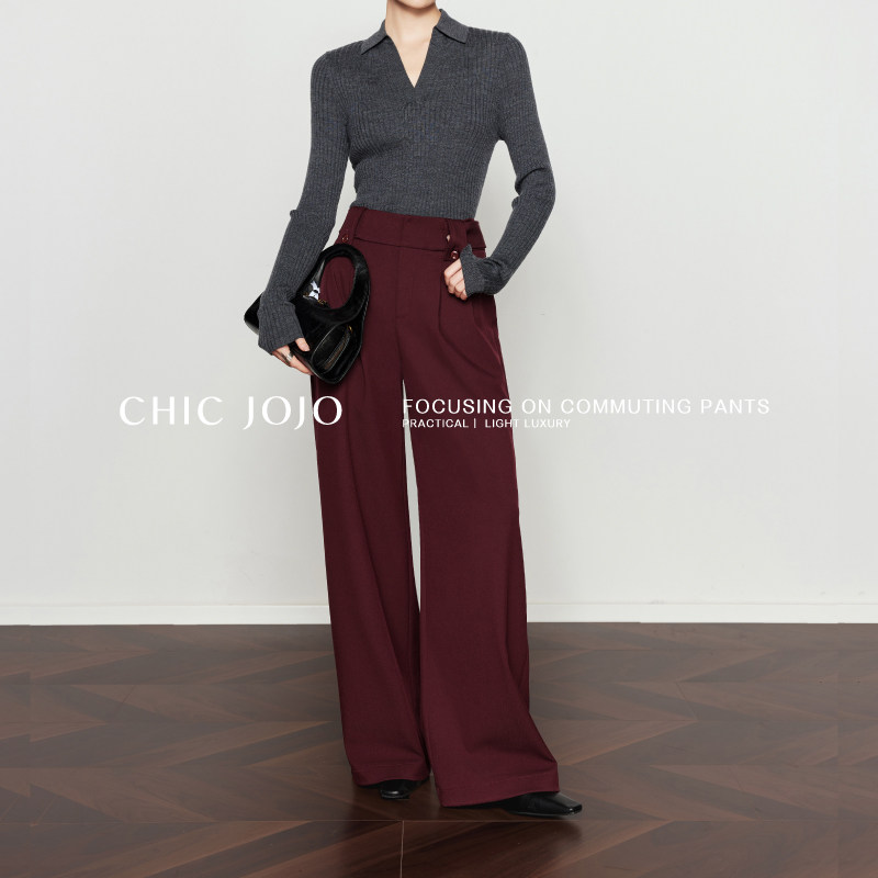 CHICJOJO高腰阔腿裤女2024新款秋红色宽松直筒复古流行西装休闲裤,女装/女士精品,休闲裤,淘宝优惠券,粉丝福利购,淘宝优惠卷