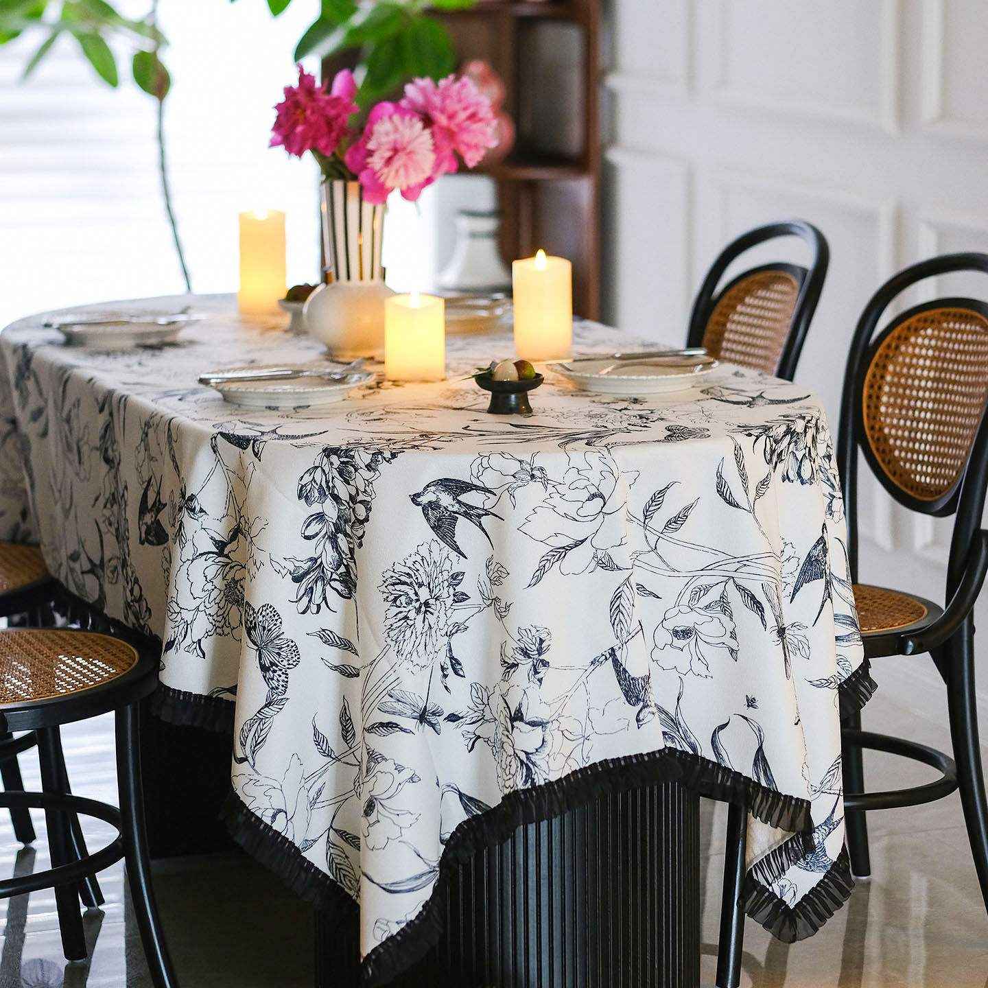 黑白燕子桌布法式轻奢田园风盖布