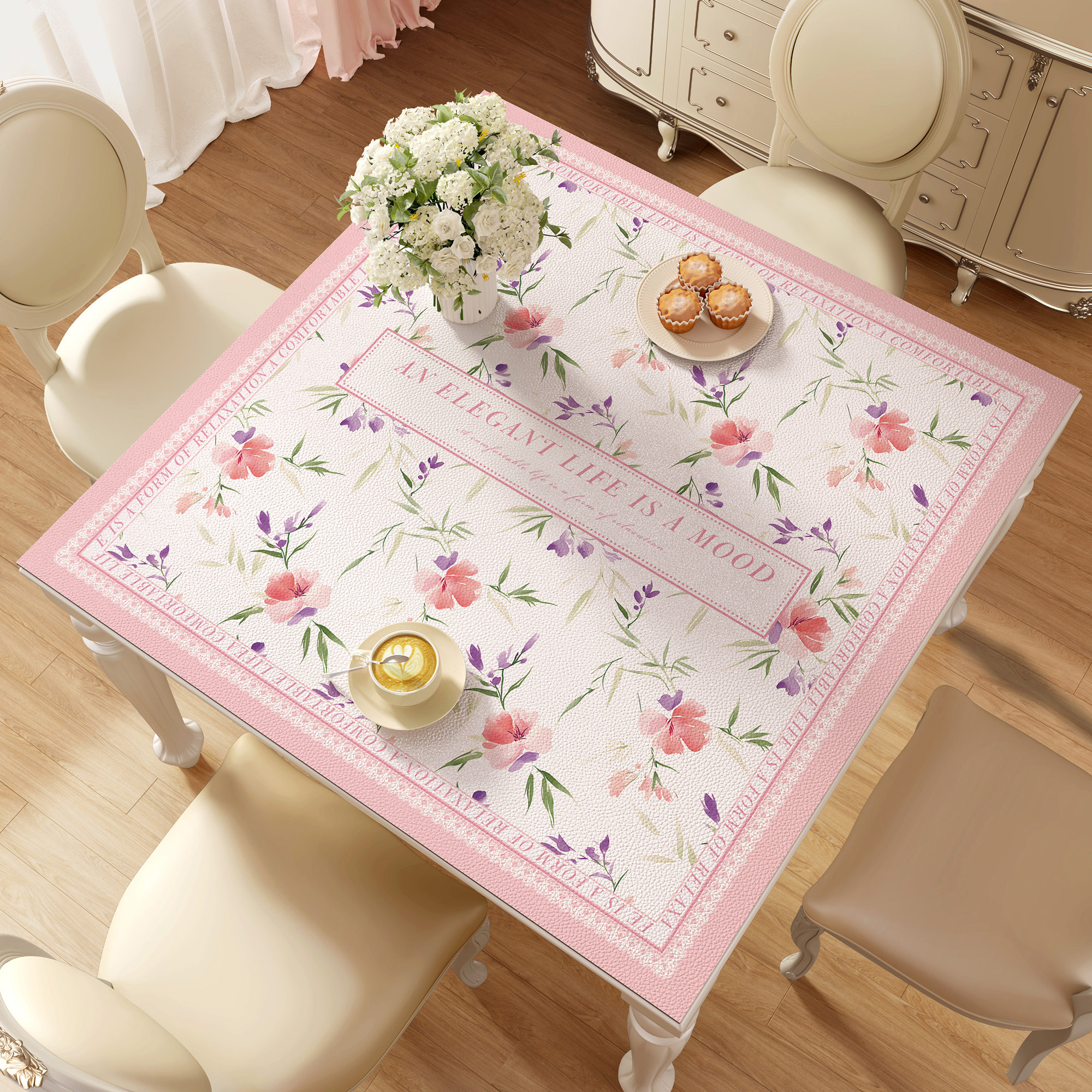 美式田园花卉高级感防水防油免洗小方桌皮革餐桌布正方形桌桌垫布
