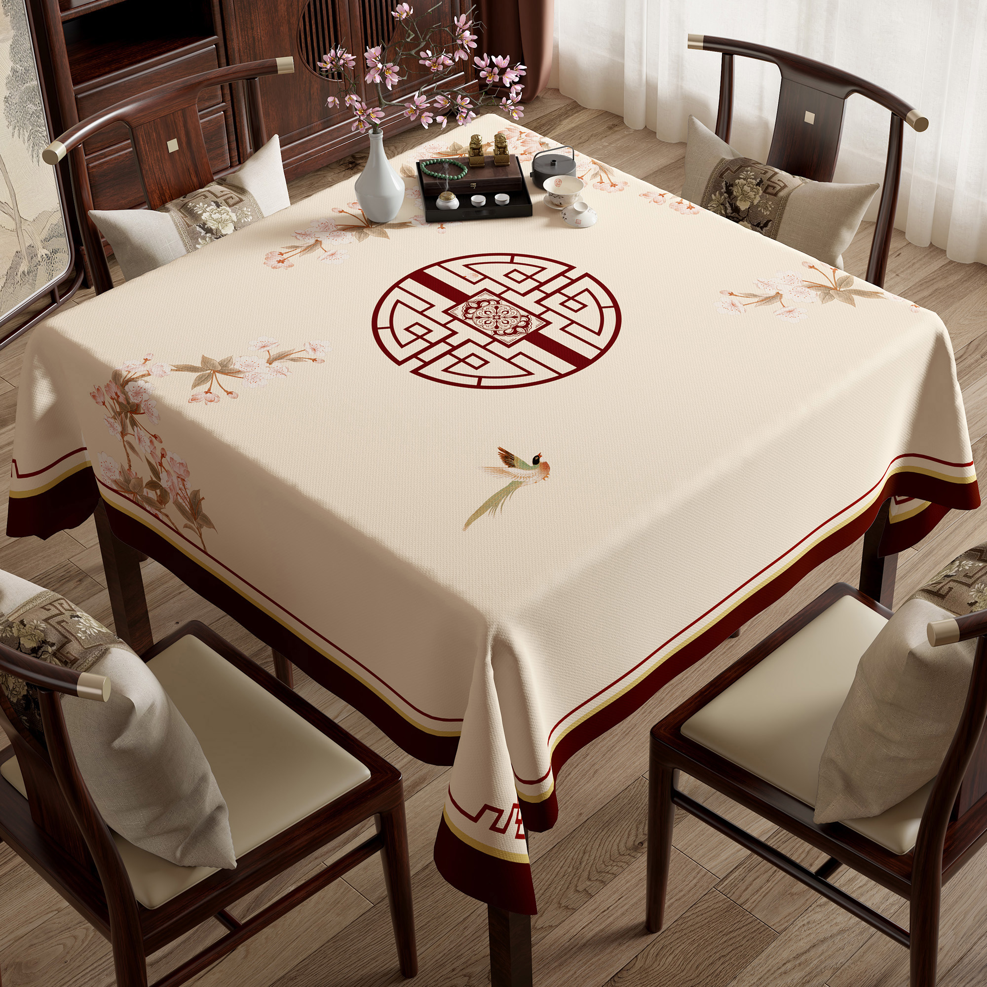 新中式方桌布免洗防水防油pvc正方形餐桌布轻奢高级感八仙桌台布