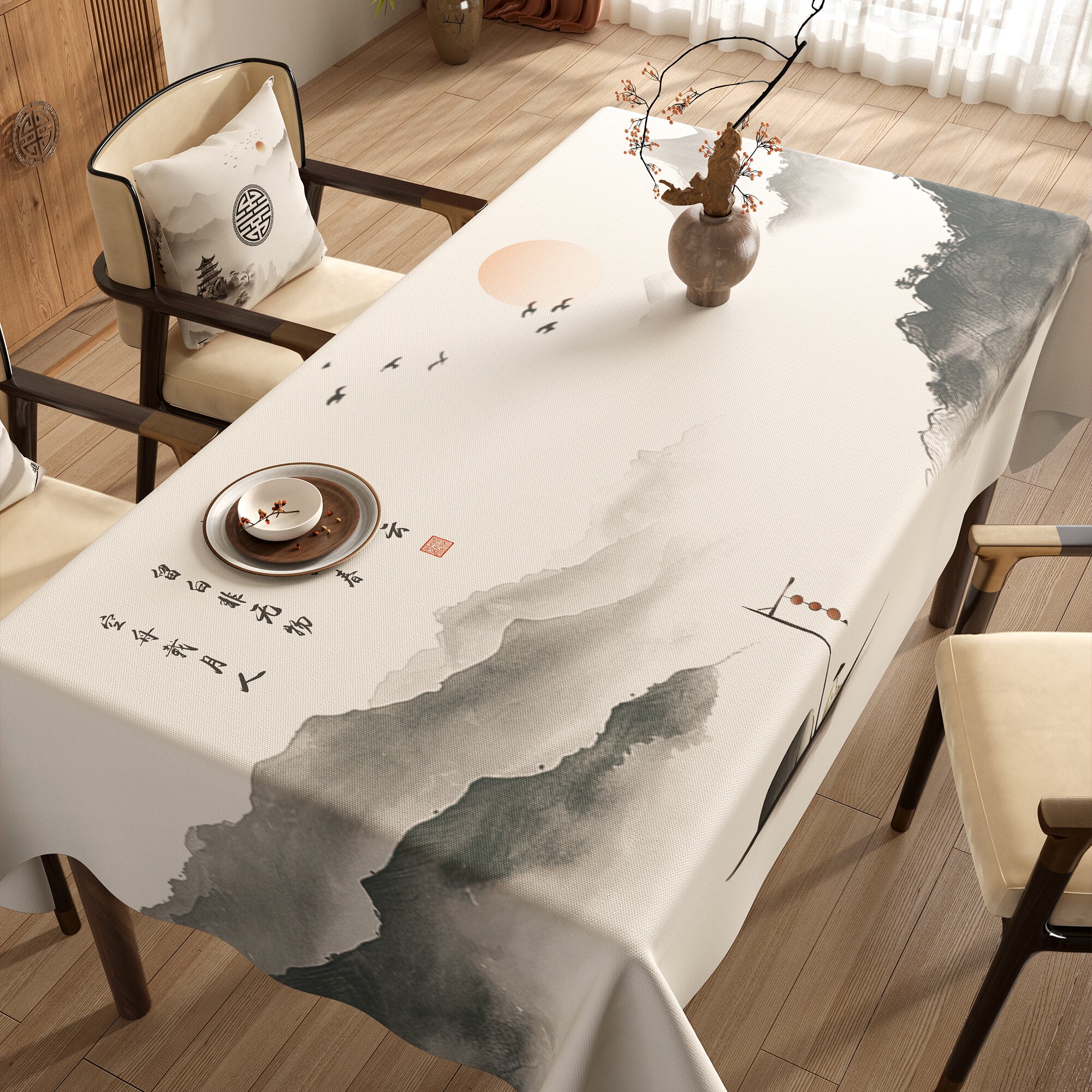 新中式禅意免洗防水防烫防油高级感国风餐桌茶几盖布长方形桌布,居家布艺,桌布,淘宝优惠券,粉丝福利购,淘宝优惠卷