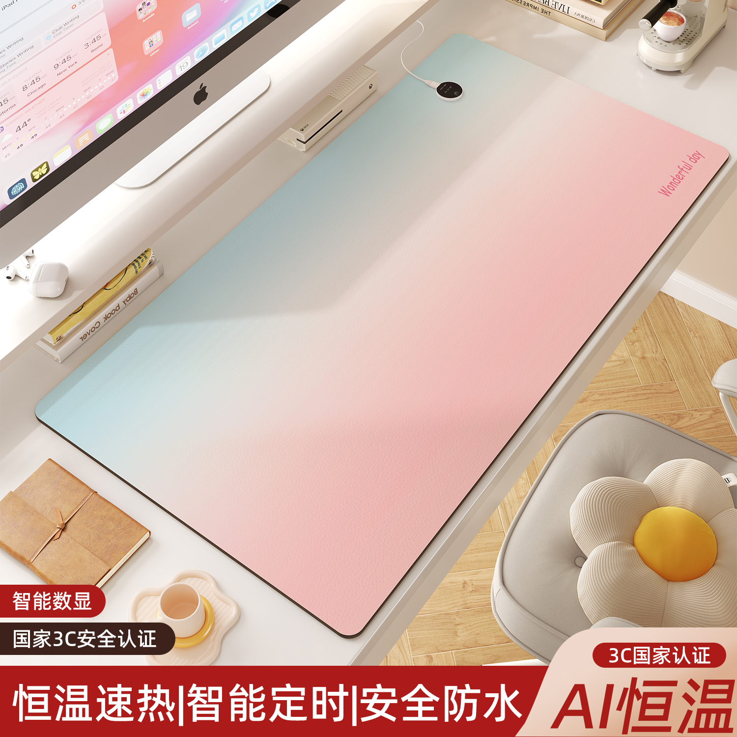 ins风加热鼠标垫女生高颜值办公室电脑桌垫超大号冬天发热暖桌垫