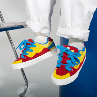 顽刻官方面包鞋 红蓝黄学生翻毛皮复古撞色拼色BAKE男女滑板鞋