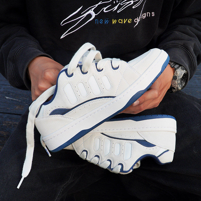 顽刻官方冷粘面包鞋翻毛皮白蓝撞色拼接做旧秋冬BAKE男女滑板鞋