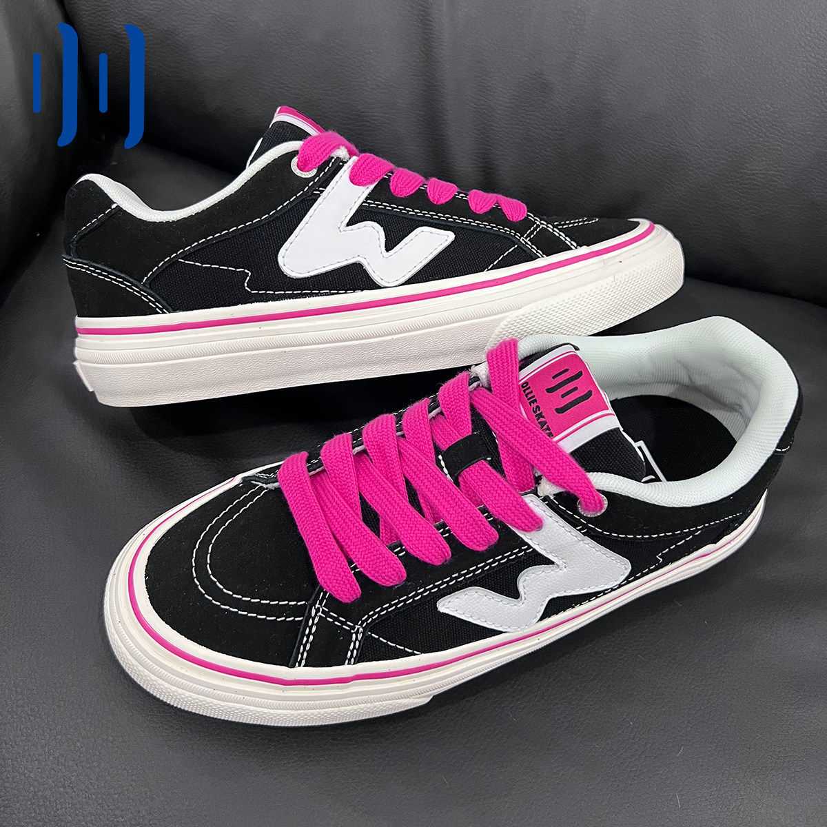 顽刻官方黑粉拼色春季校园风W系列翻毛皮帆布拼接男女国潮滑板鞋