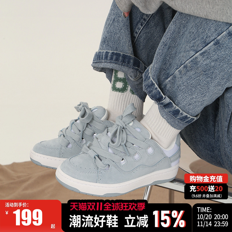 顽刻冰蓝色翻毛皮低帮情侣面包鞋