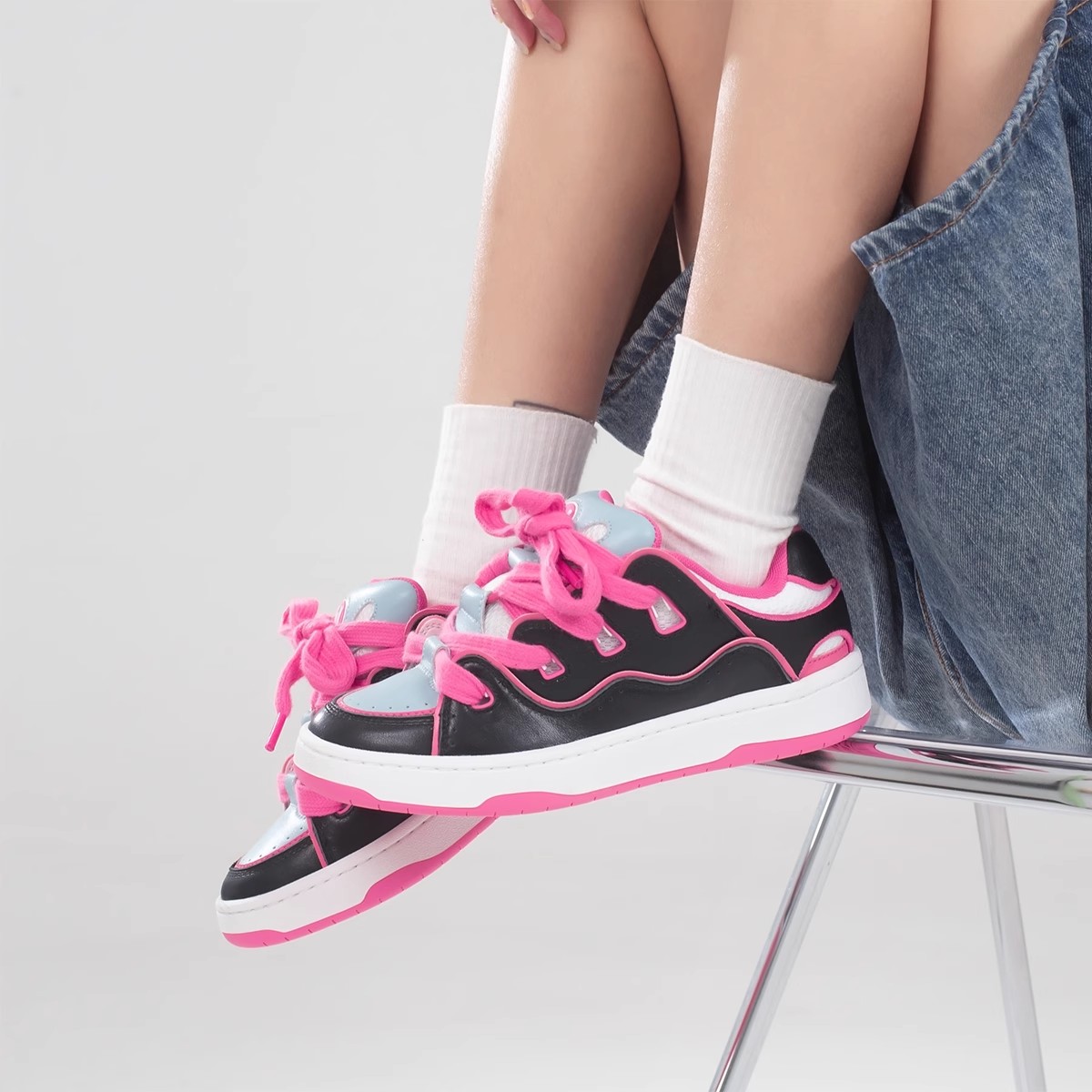 顽刻全新皮质拼接情侣滑板鞋