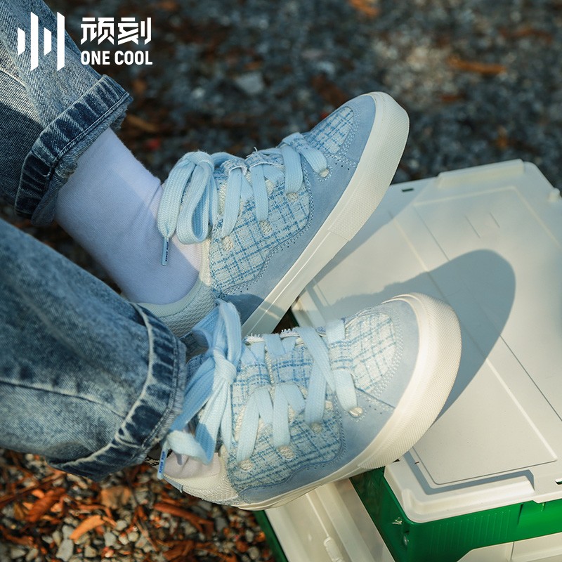 顽刻官方面包鞋蓝色格子bake小香风拼接翻毛皮秋冬男女国潮滑板鞋