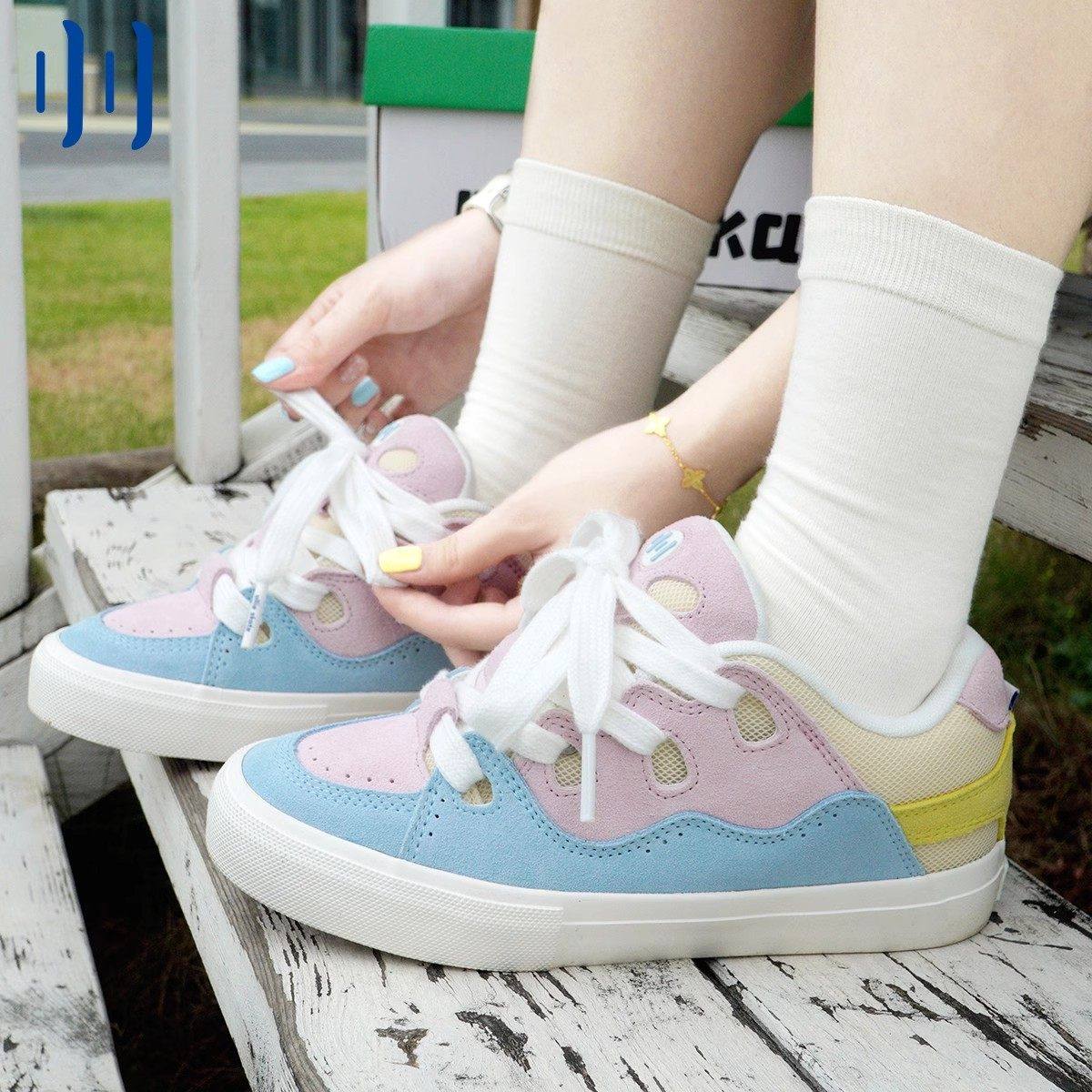 顽刻官方面包鞋蓝粉黄撞色拼接BAKE复古男女国潮滑板鞋,流行男鞋,休闲板鞋,淘宝优惠券,粉丝福利购,淘宝优惠卷