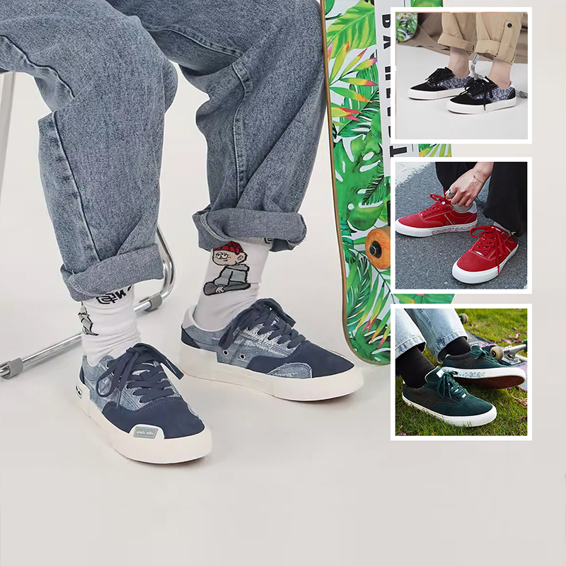 顽刻腰果花印花翻毛皮低帮滑板鞋