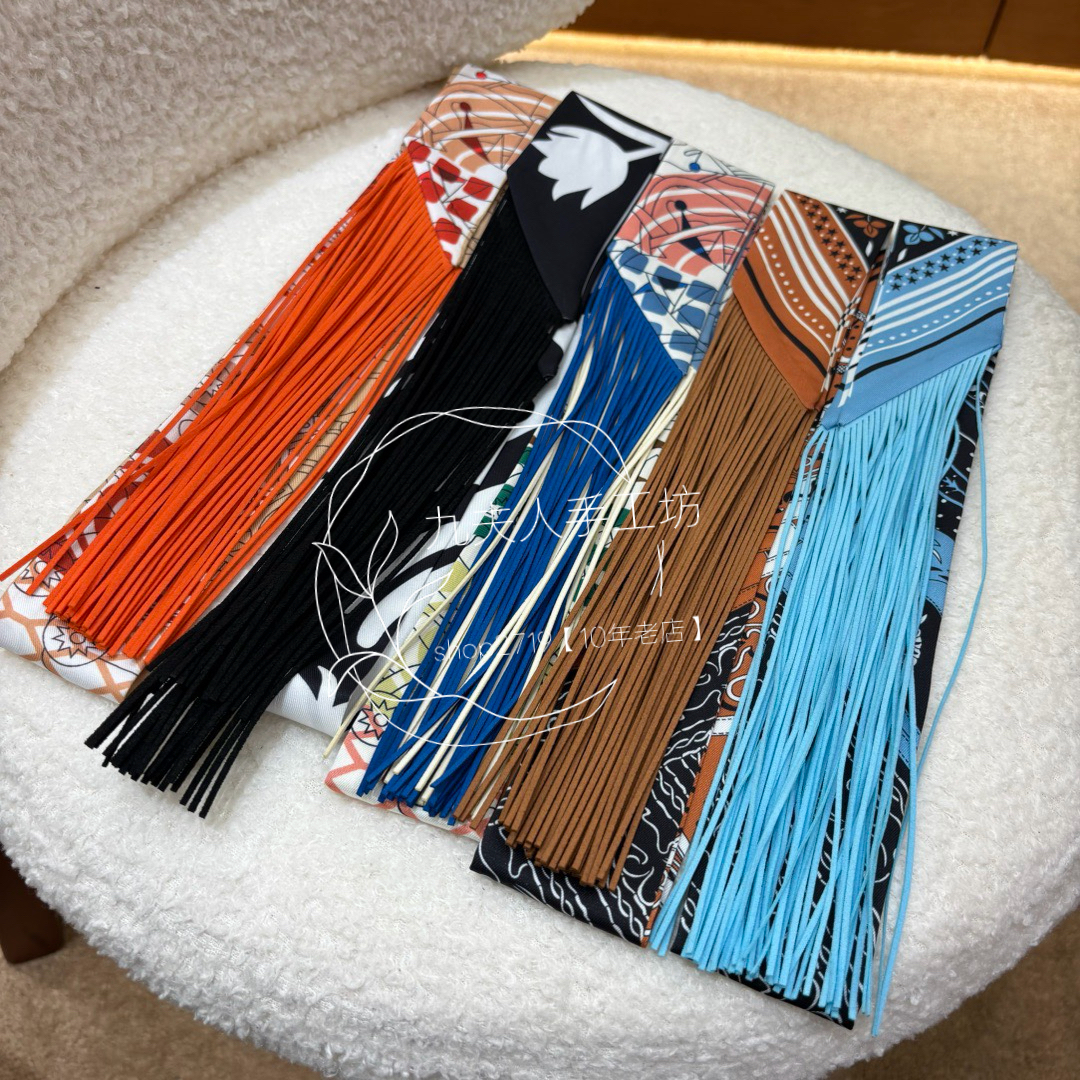 【九夫人高定】Folk twilly 真丝100%+真皮流苏小飘带 小丝巾丝巾