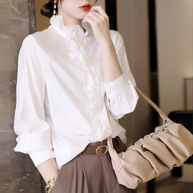PRE-FALL 2024 KOREAN VERSION LOOSE TEMPERAMENT SHIRT GENTLE STYLE FASHION FUNGUS LACE STAND COLLAR LONG SLEEVE TOP SHIRT WOMEN
