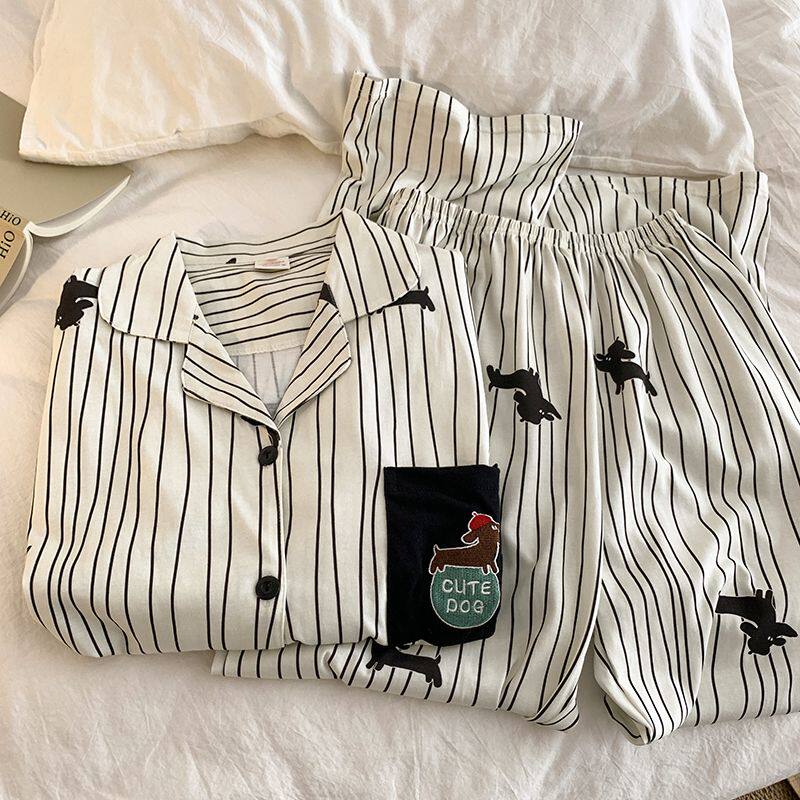 2026春季新款条纹腊肠狗纯棉情侣睡衣男女长袖格子家居服套装外穿