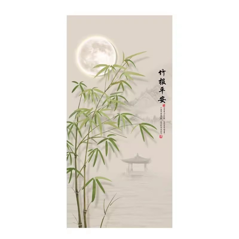 别墅挑高复式楼电视背景墙壁纸中式竹子客厅挑空玄关壁画墙布壁布