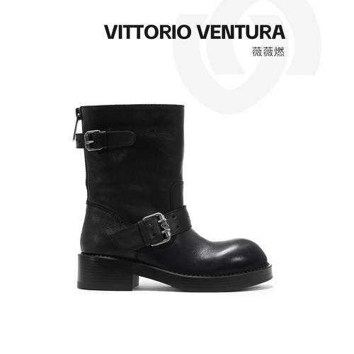 薇薇燃VITTORIO VENTURA 牛皮复古百搭可调宽筒增高中筒靴短靴女