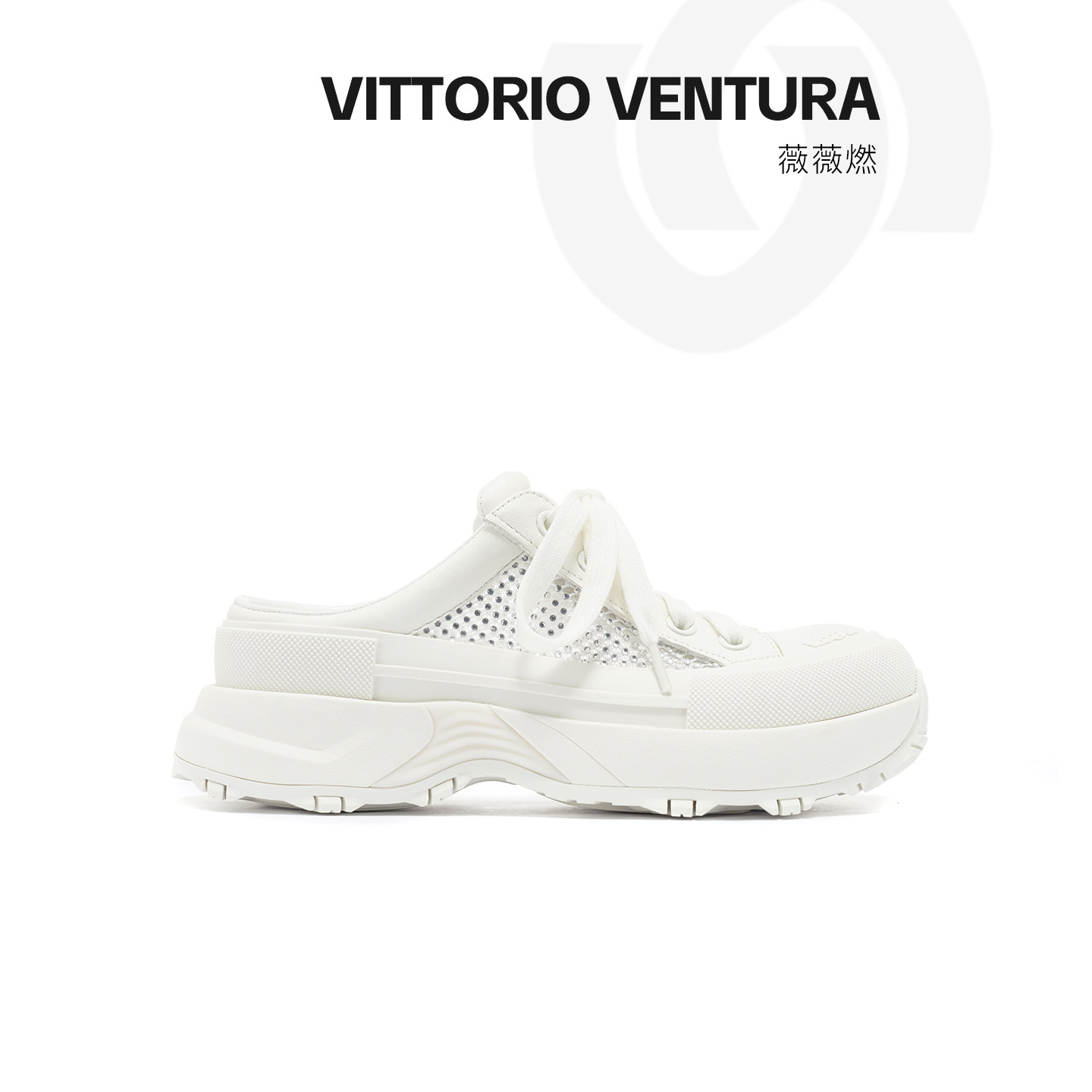 VITTORIOVENTURA/薇薇燃牛皮拼接钻网一脚蹬包头厚底拖鞋