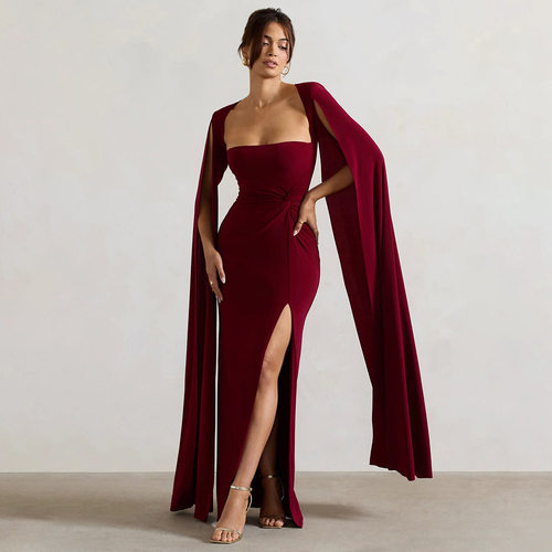 Solid color strapless split dress 女士纯色抹胸开叉包臀连衣裙