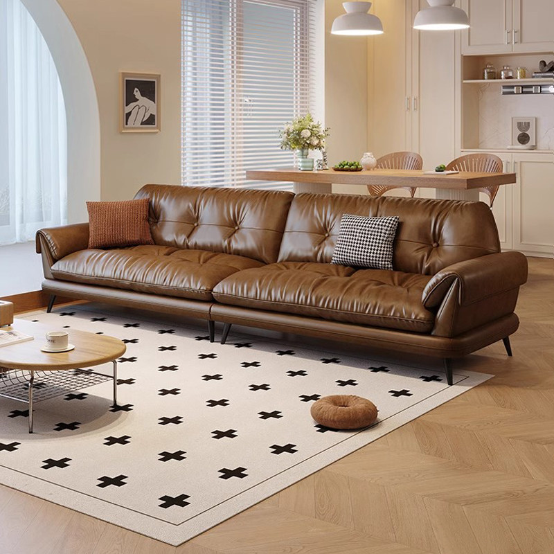 慕梵 复古油蜡直排真牛皮沙发客厅高端高脚皮艺沙发套装简约中式